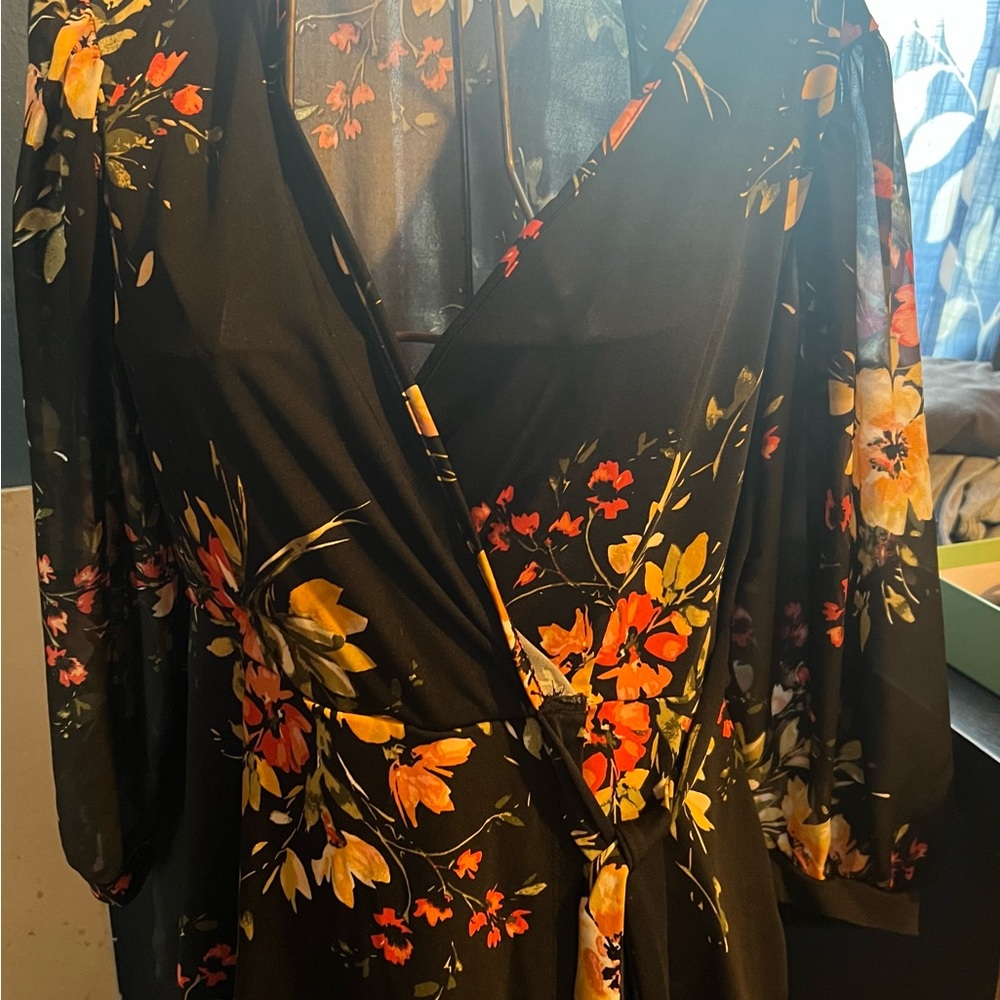 Black Floral Wrap top with Orange & Yellow Blooms